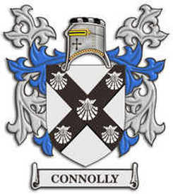 Connolly coat of arms with a black saltire, five silver scallop shells, helmet and blue-and-silver mantling